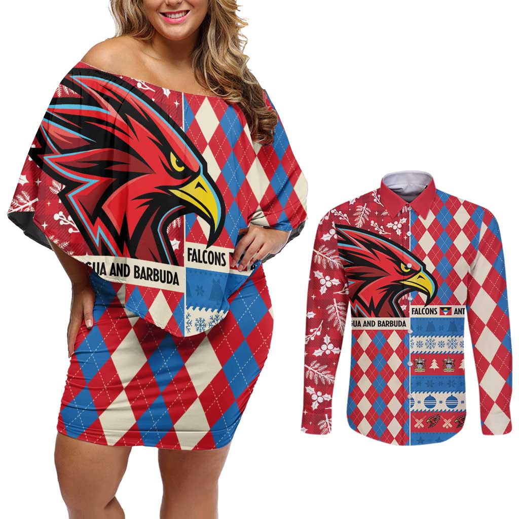 Personalized Antigua & Barbuda Cricket Christmas Couples Matching Off Shoulder Short Dress and Long Sleeve Button Shirt Merry Xmas Falcons - Wonder Print Shop