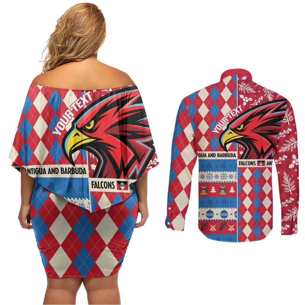 Personalized Antigua & Barbuda Cricket Christmas Couples Matching Off Shoulder Short Dress and Long Sleeve Button Shirt Merry Xmas Falcons - Wonder Print Shop