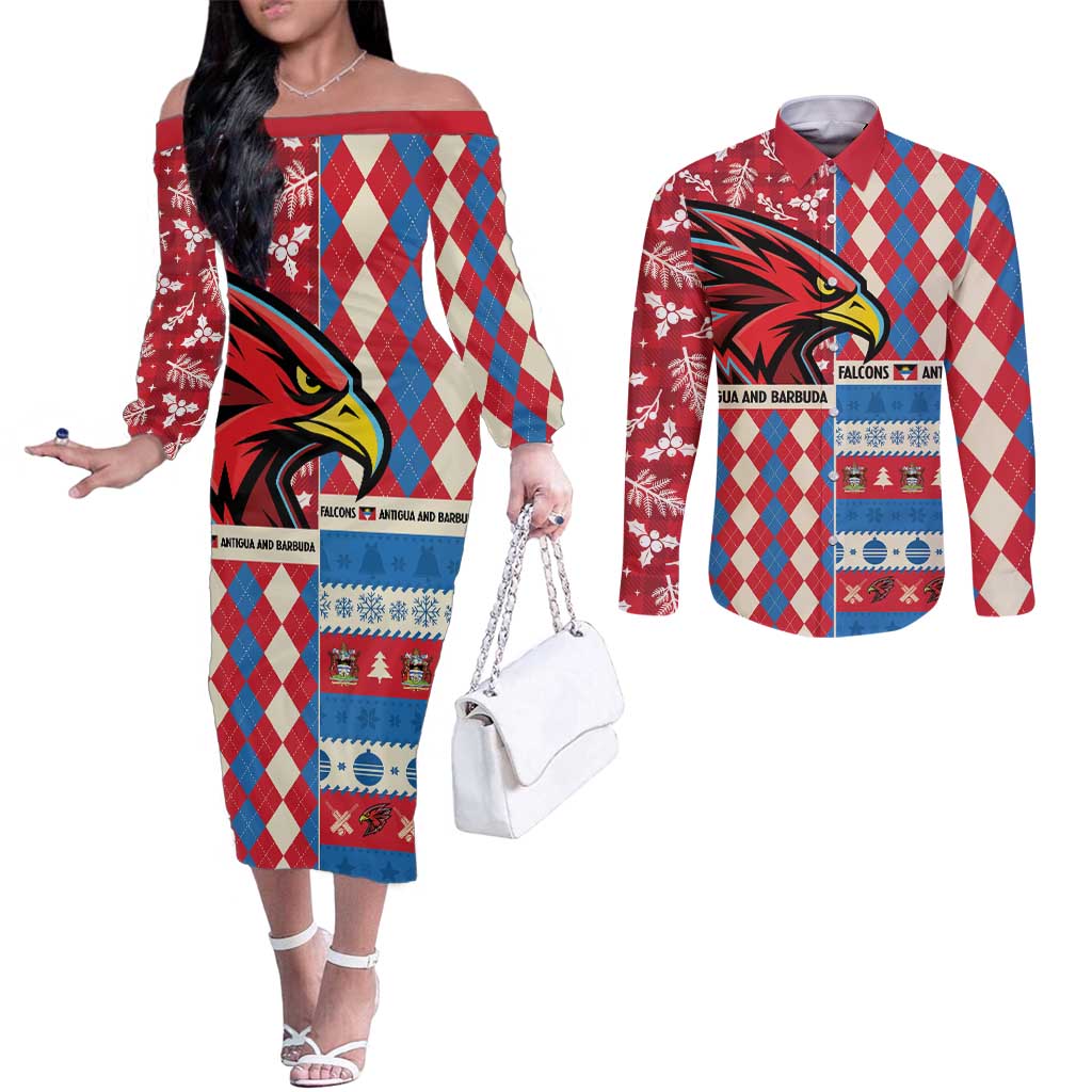 Personalized Antigua & Barbuda Cricket Christmas Couples Matching Off The Shoulder Long Sleeve Dress and Long Sleeve Button Shirt Merry Xmas Falcons - Wonder Print Shop