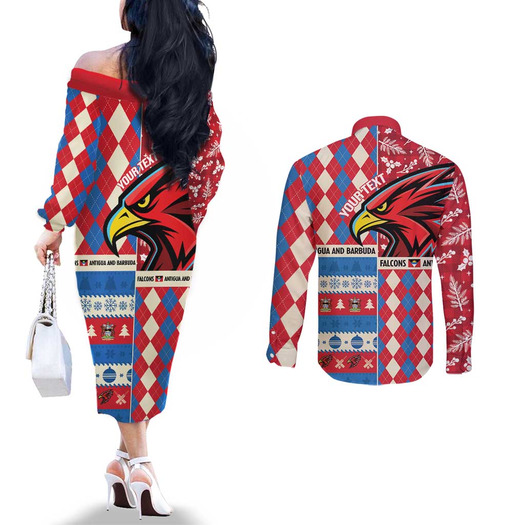 Personalized Antigua & Barbuda Cricket Christmas Couples Matching Off The Shoulder Long Sleeve Dress and Long Sleeve Button Shirt Merry Xmas Falcons - Wonder Print Shop
