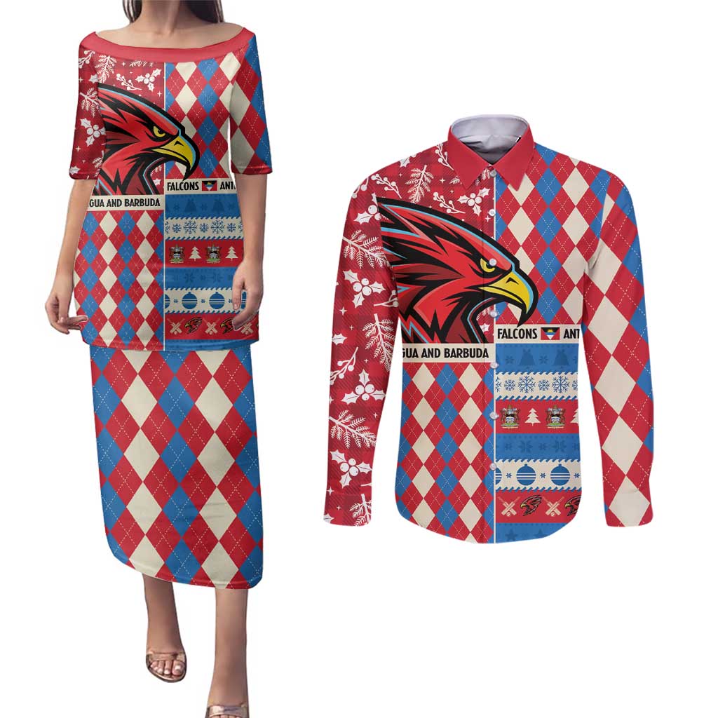 Personalized Antigua & Barbuda Cricket Christmas Couples Matching Puletasi and Long Sleeve Button Shirt Merry Xmas Falcons - Wonder Print Shop