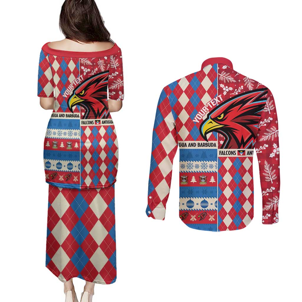 Personalized Antigua & Barbuda Cricket Christmas Couples Matching Puletasi and Long Sleeve Button Shirt Merry Xmas Falcons - Wonder Print Shop