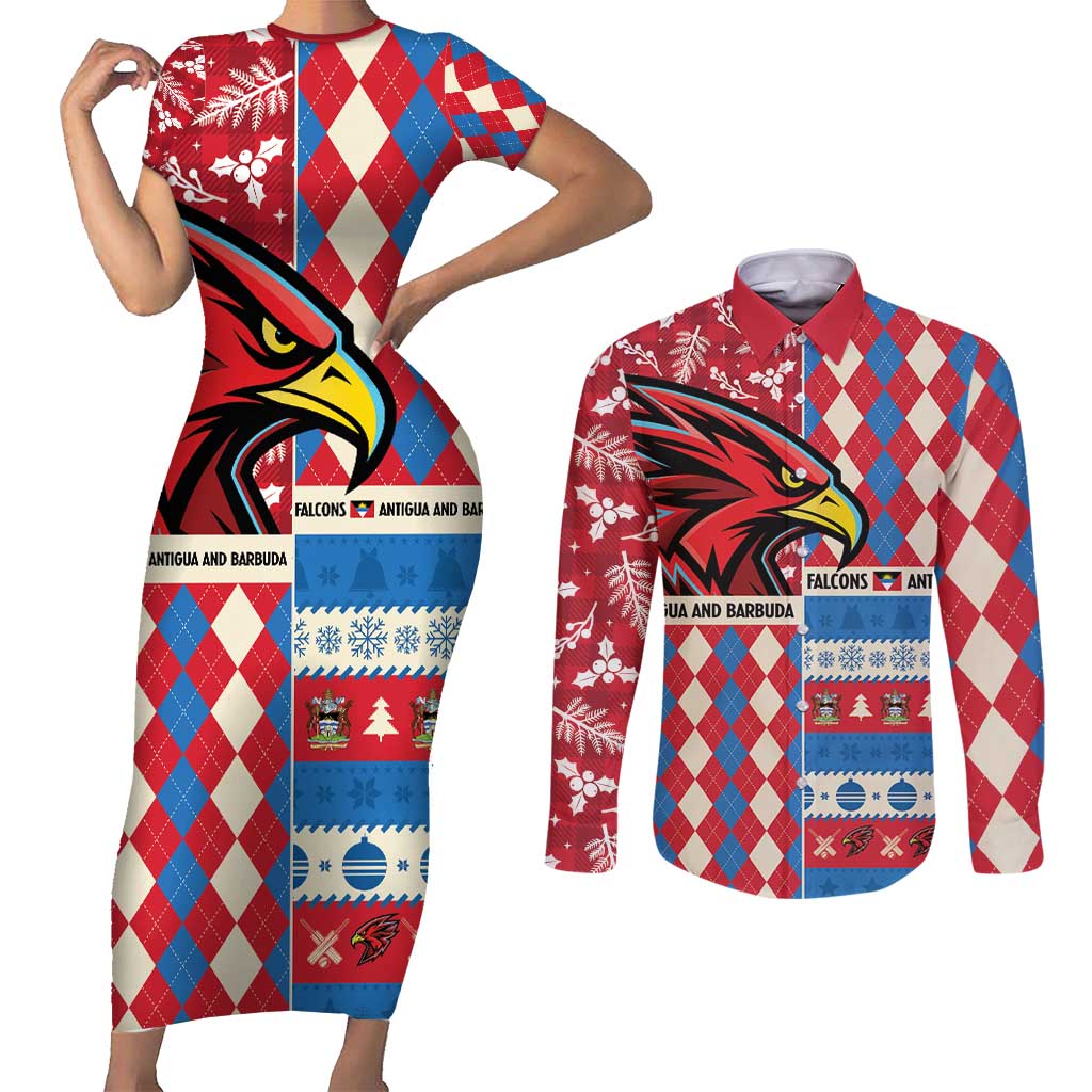 Personalized Antigua & Barbuda Cricket Christmas Couples Matching Short Sleeve Bodycon Dress and Long Sleeve Button Shirt Merry Xmas Falcons - Wonder Print Shop