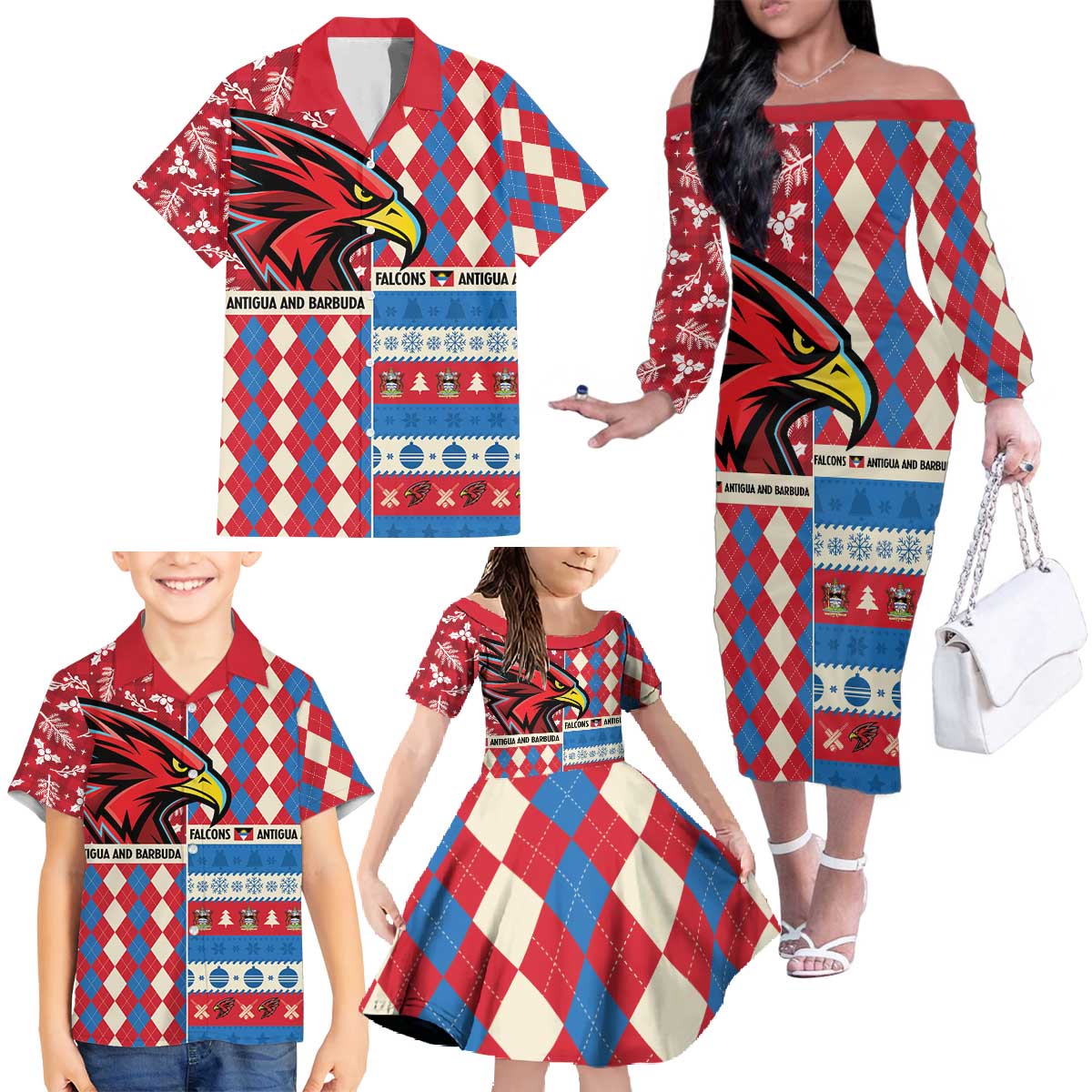 Personalized Antigua & Barbuda Cricket Christmas Family Matching Off The Shoulder Long Sleeve Dress and Hawaiian Shirt Merry Xmas Falcons - Wonder Print Shop