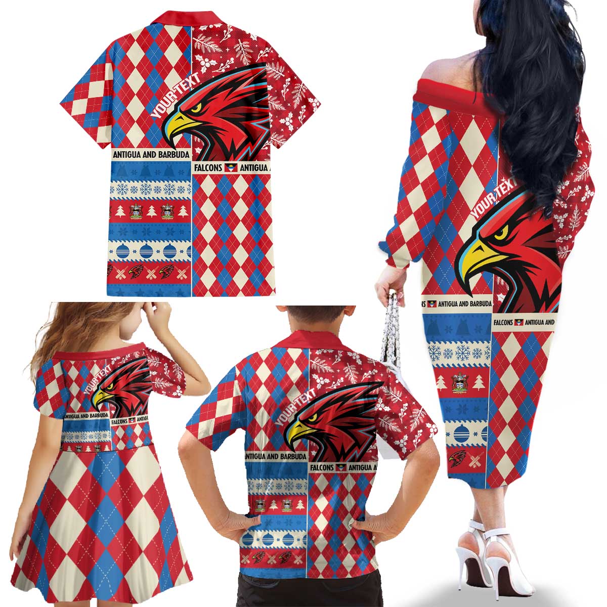 Personalized Antigua & Barbuda Cricket Christmas Family Matching Off The Shoulder Long Sleeve Dress and Hawaiian Shirt Merry Xmas Falcons - Wonder Print Shop