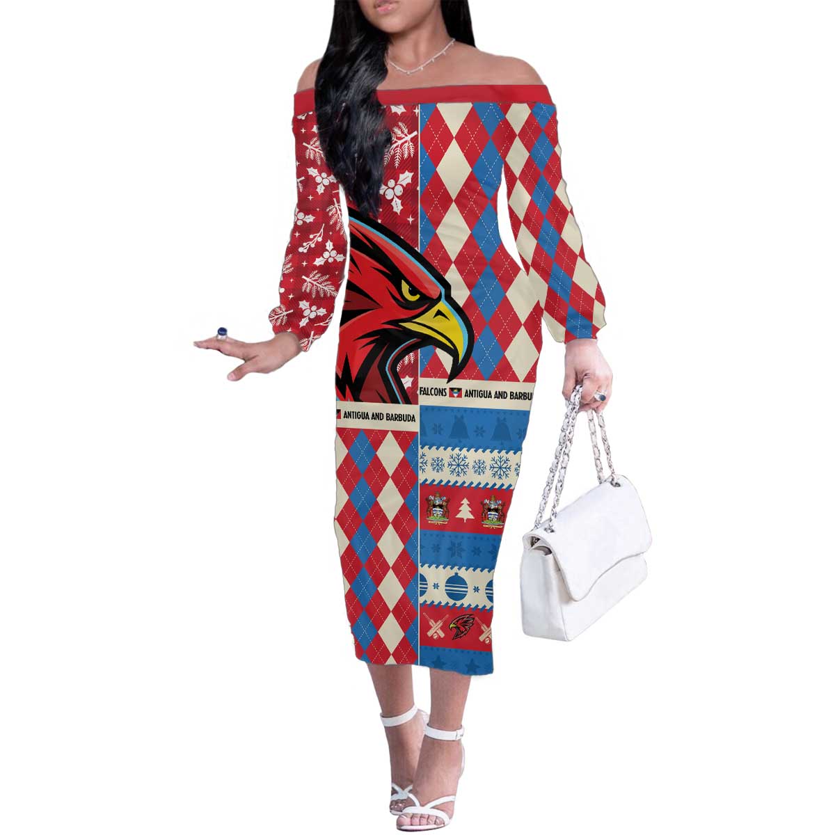 Personalized Antigua & Barbuda Cricket Christmas Family Matching Off The Shoulder Long Sleeve Dress and Hawaiian Shirt Merry Xmas Falcons - Wonder Print Shop