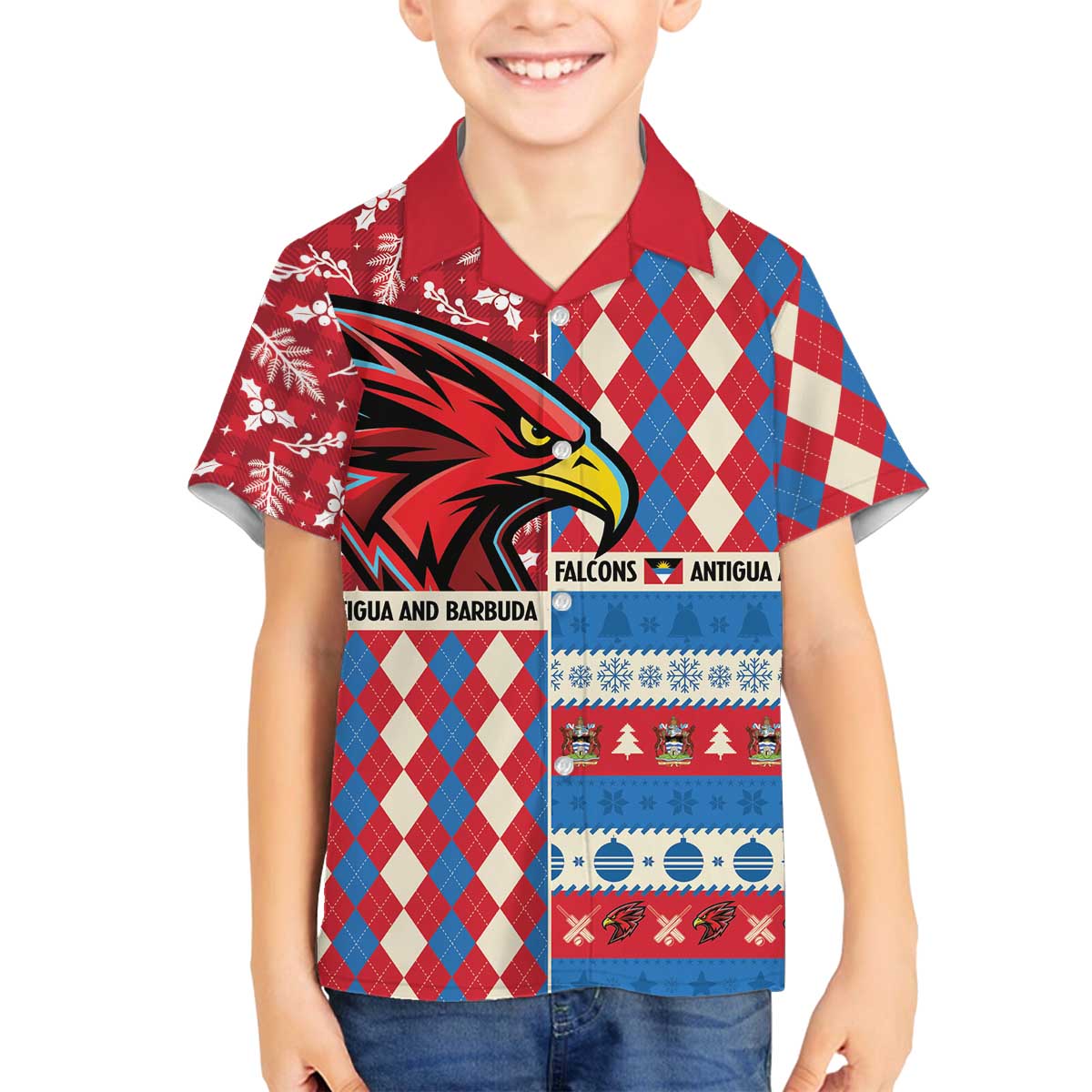 Personalized Antigua & Barbuda Cricket Christmas Family Matching Off The Shoulder Long Sleeve Dress and Hawaiian Shirt Merry Xmas Falcons - Wonder Print Shop