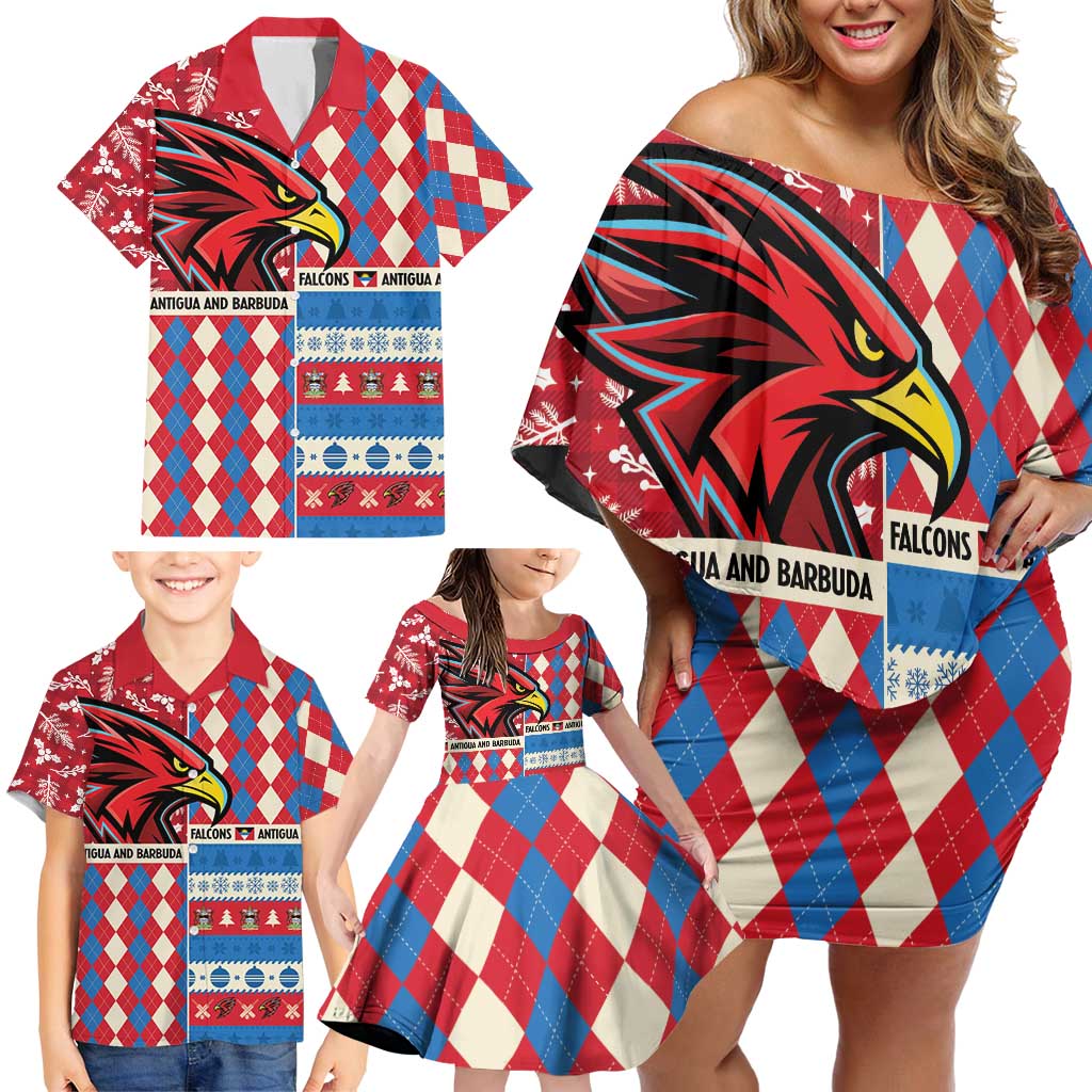 Personalized Antigua & Barbuda Cricket Christmas Family Matching Off Shoulder Short Dress and Hawaiian Shirt Merry Xmas Falcons - Wonder Print Shop