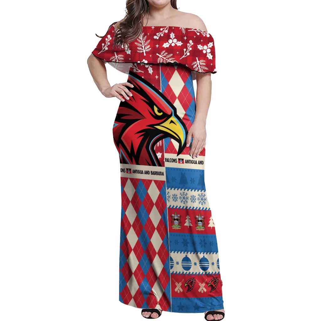 Personalized Antigua & Barbuda Cricket Christmas Off Shoulder Maxi Dress Merry Xmas Falcons - Wonder Print Shop