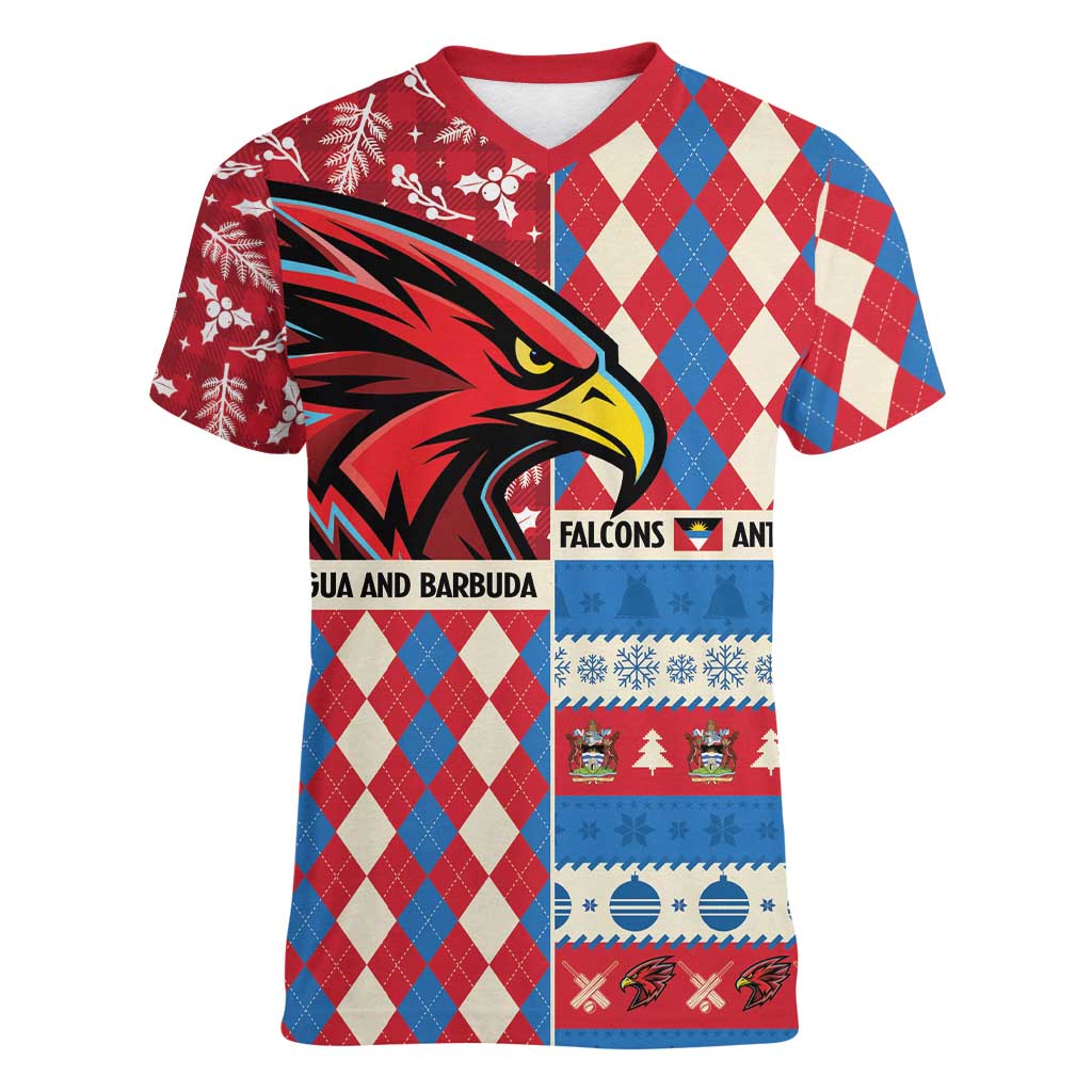 Personalized Antigua & Barbuda Cricket Christmas Women V-Neck T-Shirt Merry Xmas Falcons - Wonder Print Shop