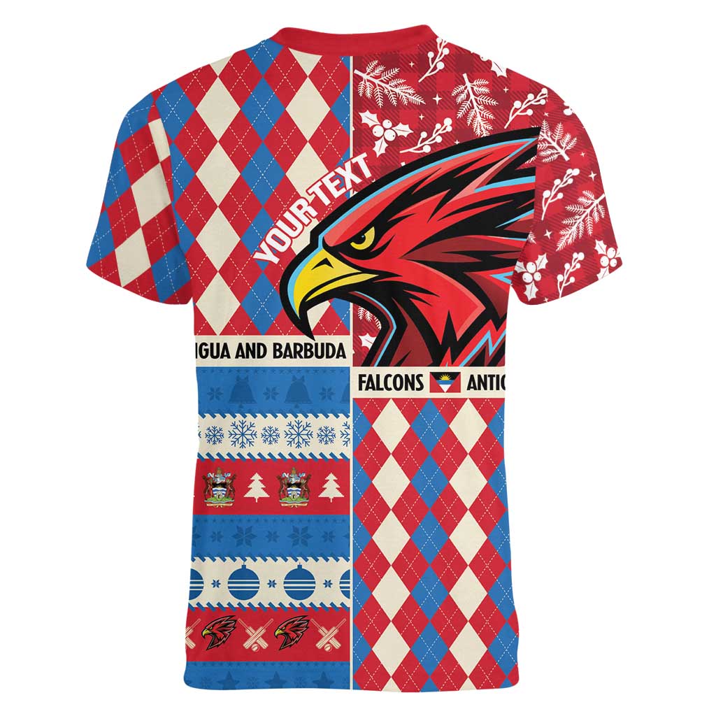 Personalized Antigua & Barbuda Cricket Christmas Women V-Neck T-Shirt Merry Xmas Falcons - Wonder Print Shop