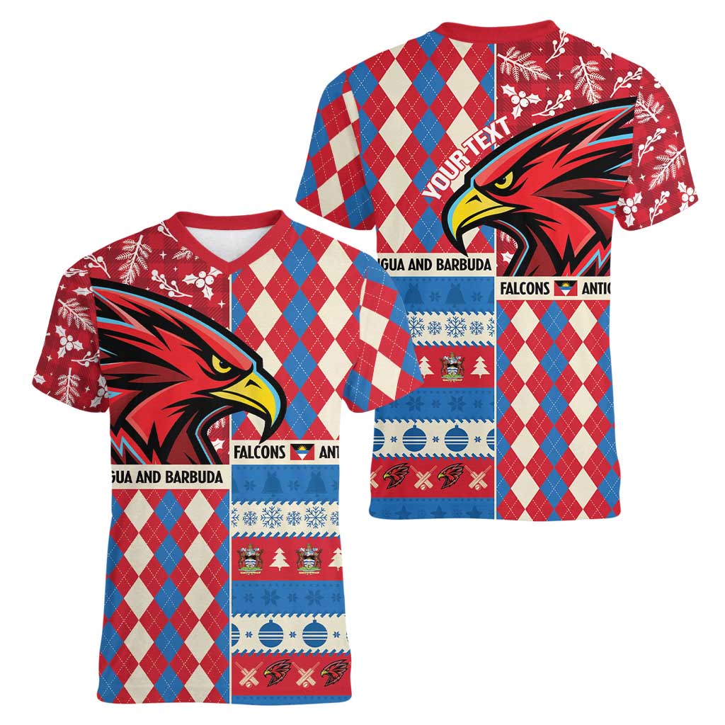 Personalized Antigua & Barbuda Cricket Christmas Women V-Neck T-Shirt Merry Xmas Falcons - Wonder Print Shop
