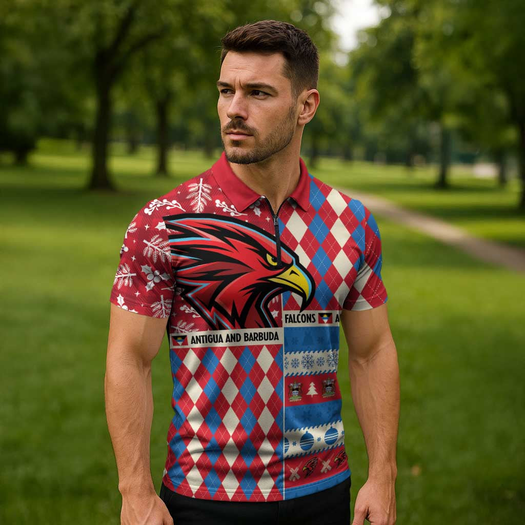 Personalized Antigua & Barbuda Cricket Christmas Zipper Polo Shirt Merry Xmas Falcons - Wonder Print Shop