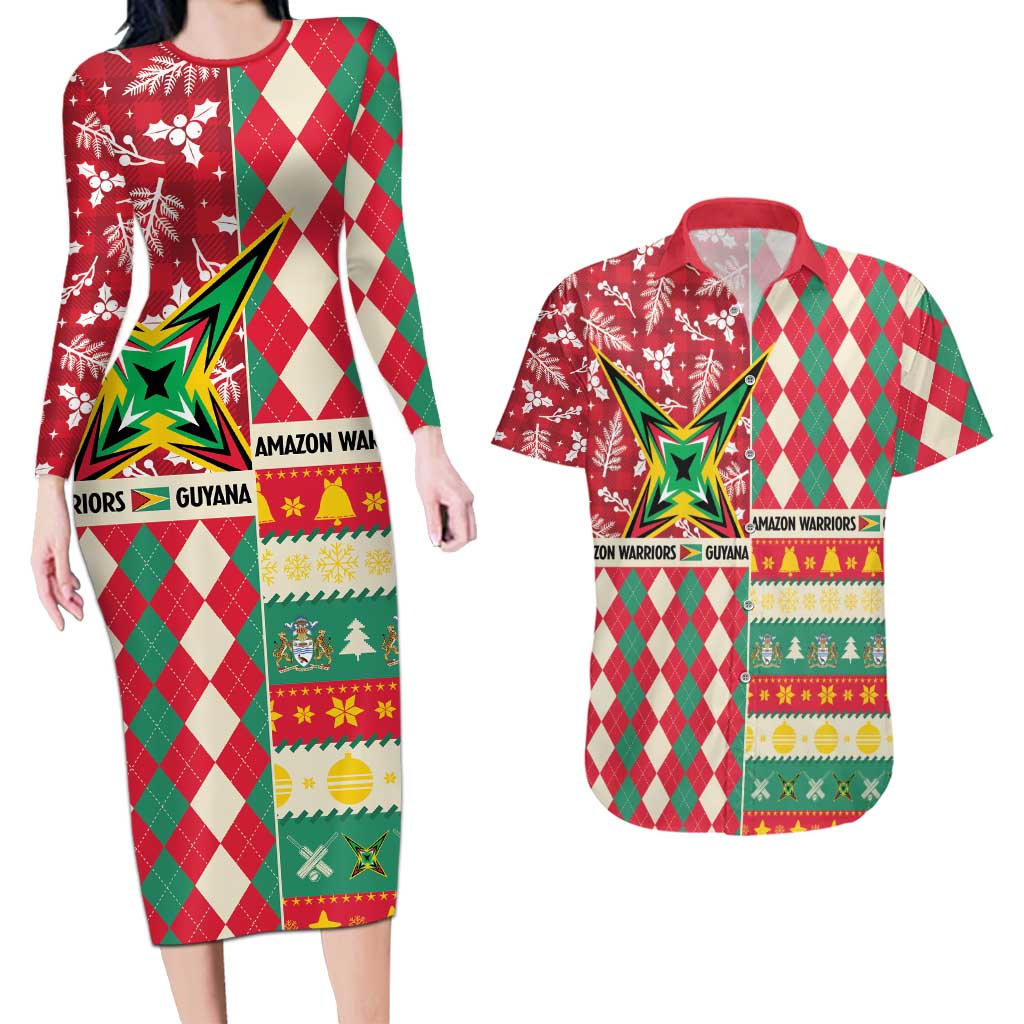Personalized Amazon Warriors Cricket Christmas Couples Matching Long Sleeve Bodycon Dress and Hawaiian Shirt Guyana Merry Xmas - Wonder Print Shop