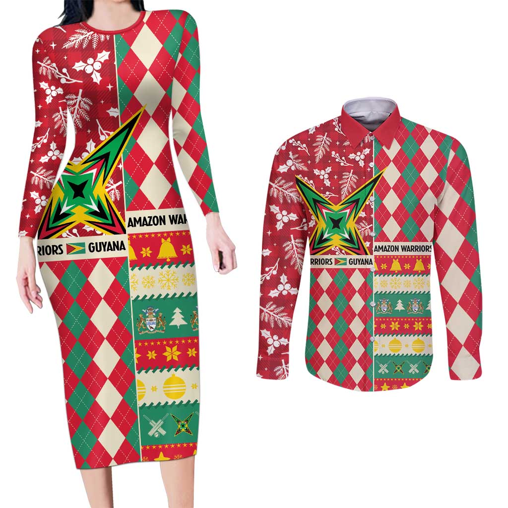 Personalized Amazon Warriors Cricket Christmas Couples Matching Long Sleeve Bodycon Dress and Long Sleeve Button Shirt Guyana Merry Xmas - Wonder Print Shop