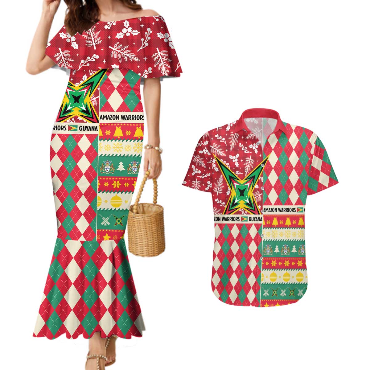 Personalized Amazon Warriors Cricket Christmas Couples Matching Mermaid Dress and Hawaiian Shirt Guyana Merry Xmas - Wonder Print Shop