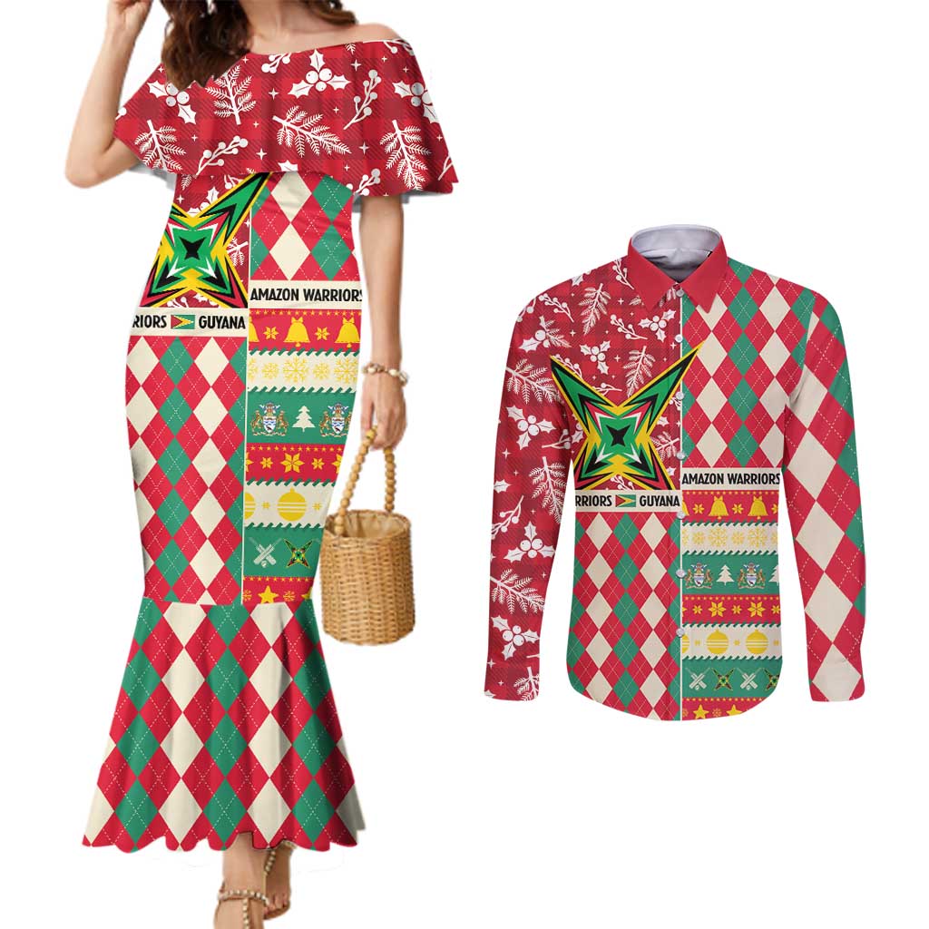 Personalized Amazon Warriors Cricket Christmas Couples Matching Mermaid Dress and Long Sleeve Button Shirt Guyana Merry Xmas - Wonder Print Shop