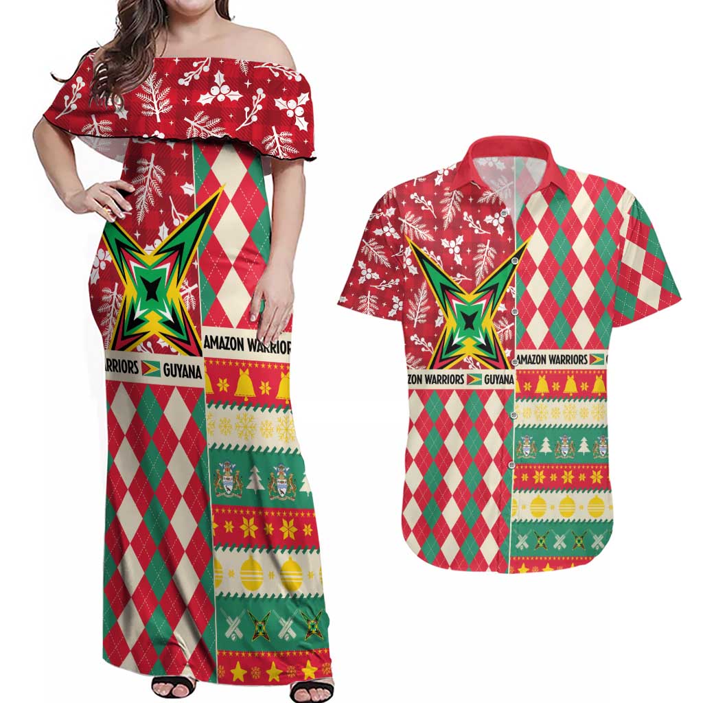 Personalized Amazon Warriors Cricket Christmas Couples Matching Off Shoulder Maxi Dress and Hawaiian Shirt Guyana Merry Xmas - Wonder Print Shop