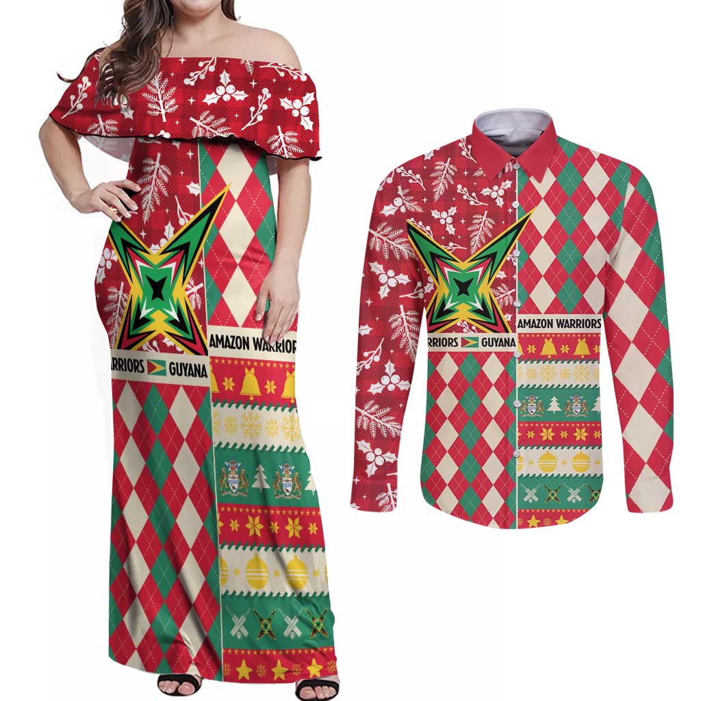 Personalized Amazon Warriors Cricket Christmas Couples Matching Off Shoulder Maxi Dress and Long Sleeve Button Shirt Guyana Merry Xmas - Wonder Print Shop