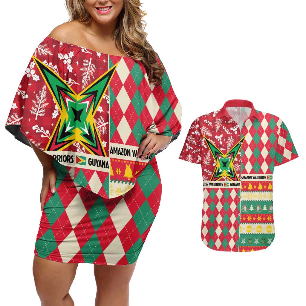 Personalized Amazon Warriors Cricket Christmas Couples Matching Off Shoulder Short Dress and Hawaiian Shirt Guyana Merry Xmas - Wonder Print Shop