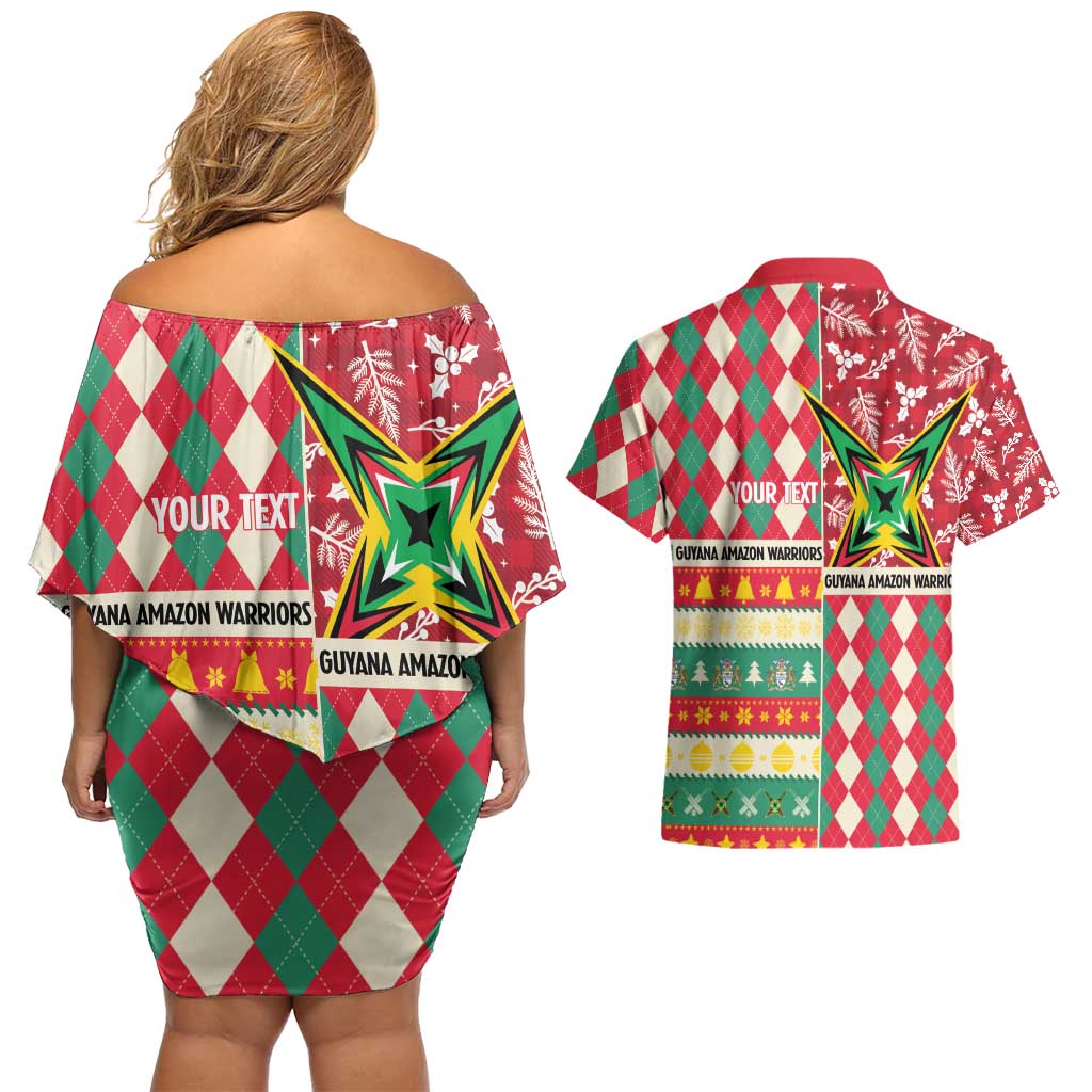Personalized Amazon Warriors Cricket Christmas Couples Matching Off Shoulder Short Dress and Hawaiian Shirt Guyana Merry Xmas - Wonder Print Shop