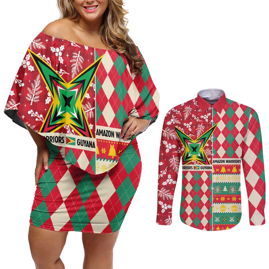 Personalized Amazon Warriors Cricket Christmas Couples Matching Off Shoulder Short Dress and Long Sleeve Button Shirt Guyana Merry Xmas - Wonder Print Shop