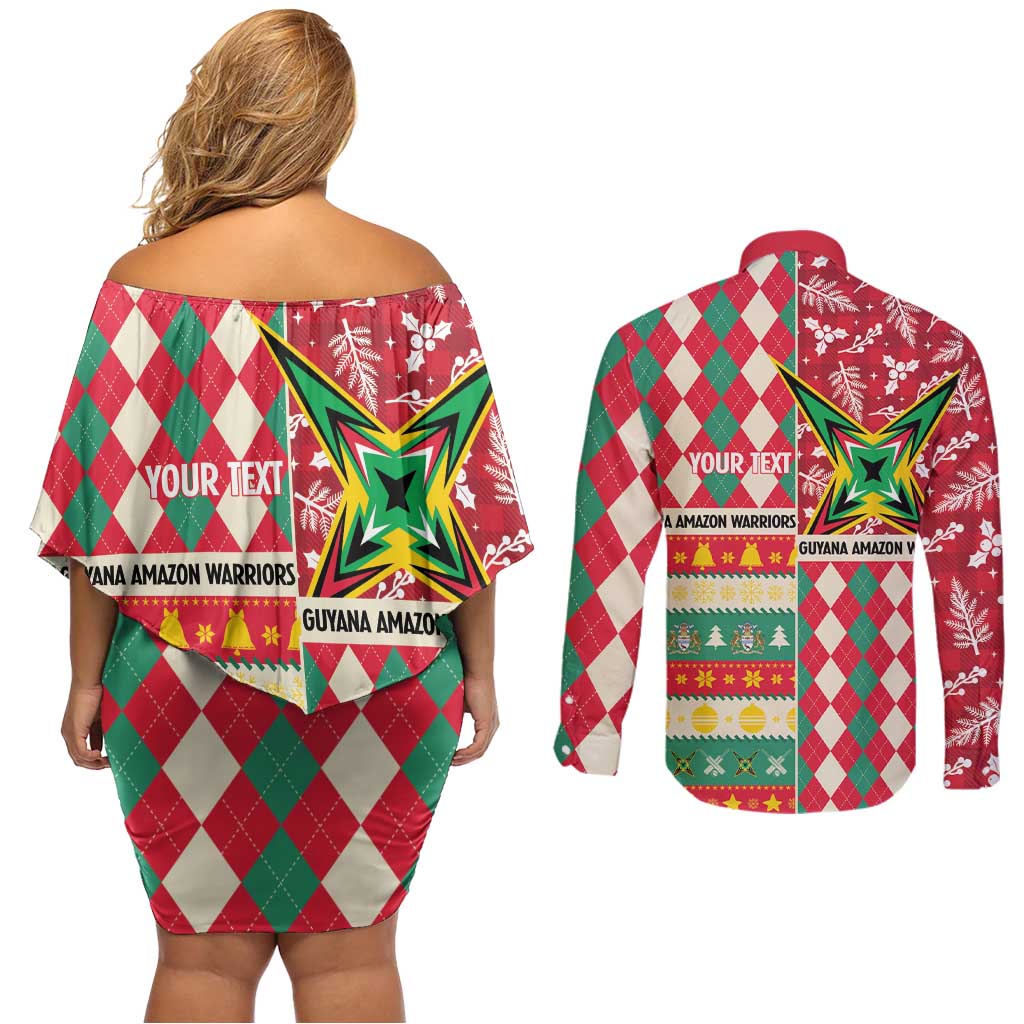 Personalized Amazon Warriors Cricket Christmas Couples Matching Off Shoulder Short Dress and Long Sleeve Button Shirt Guyana Merry Xmas - Wonder Print Shop