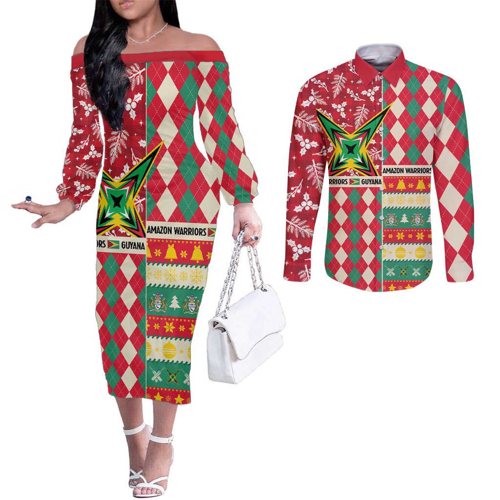 Personalized Amazon Warriors Cricket Christmas Couples Matching Off The Shoulder Long Sleeve Dress and Long Sleeve Button Shirt Guyana Merry Xmas - Wonder Print Shop