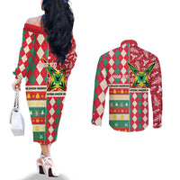 Personalized Amazon Warriors Cricket Christmas Couples Matching Off The Shoulder Long Sleeve Dress and Long Sleeve Button Shirt Guyana Merry Xmas - Wonder Print Shop