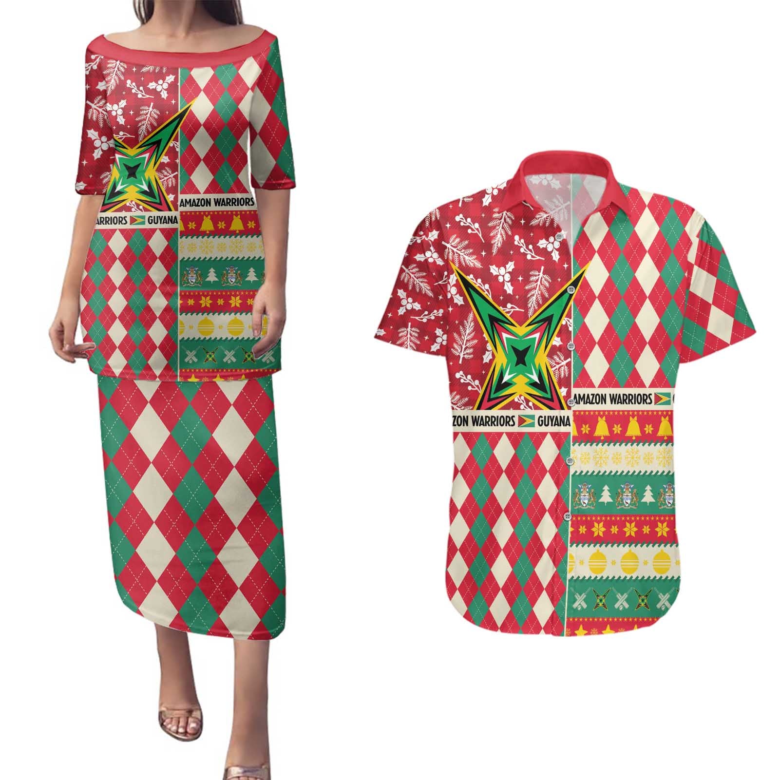 Personalized Amazon Warriors Cricket Christmas Couples Matching Puletasi and Hawaiian Shirt Guyana Merry Xmas - Wonder Print Shop