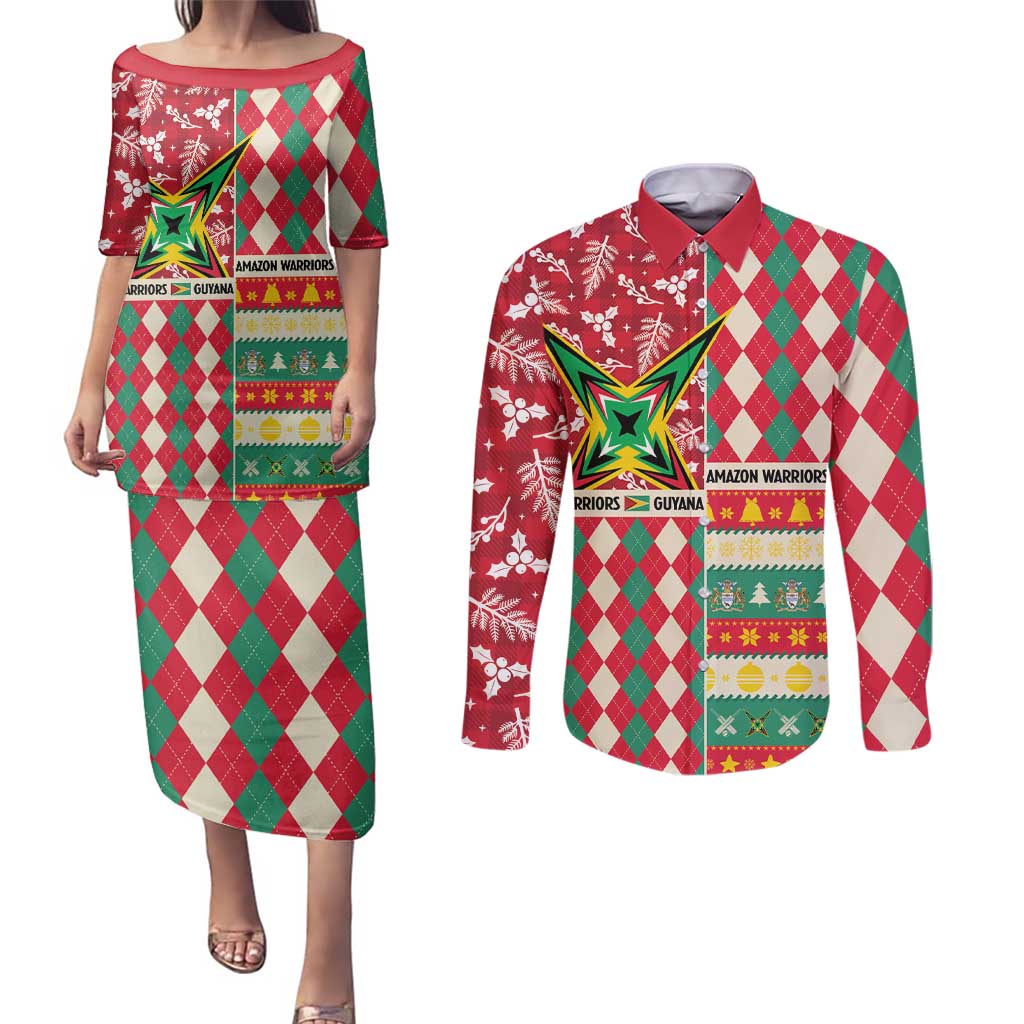 Personalized Amazon Warriors Cricket Christmas Couples Matching Puletasi and Long Sleeve Button Shirt Guyana Merry Xmas - Wonder Print Shop