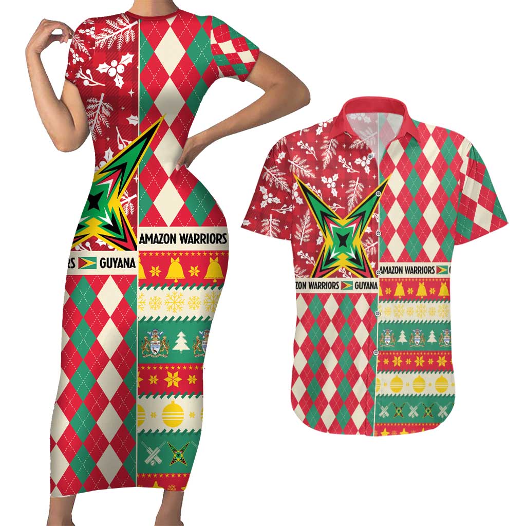 Personalized Amazon Warriors Cricket Christmas Couples Matching Short Sleeve Bodycon Dress and Hawaiian Shirt Guyana Merry Xmas - Wonder Print Shop