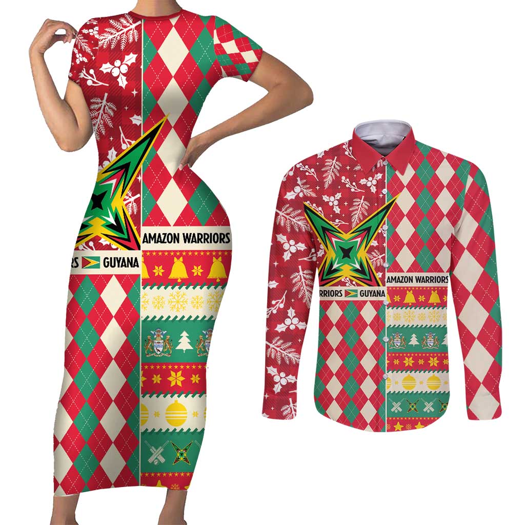 Personalized Amazon Warriors Cricket Christmas Couples Matching Short Sleeve Bodycon Dress and Long Sleeve Button Shirt Guyana Merry Xmas - Wonder Print Shop