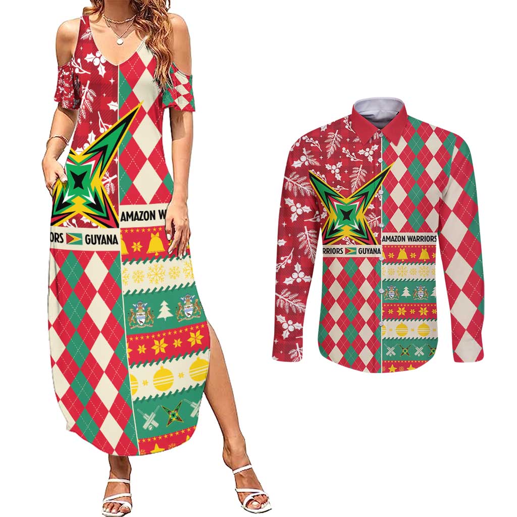 Personalized Amazon Warriors Cricket Christmas Couples Matching Summer Maxi Dress and Long Sleeve Button Shirt Guyana Merry Xmas - Wonder Print Shop