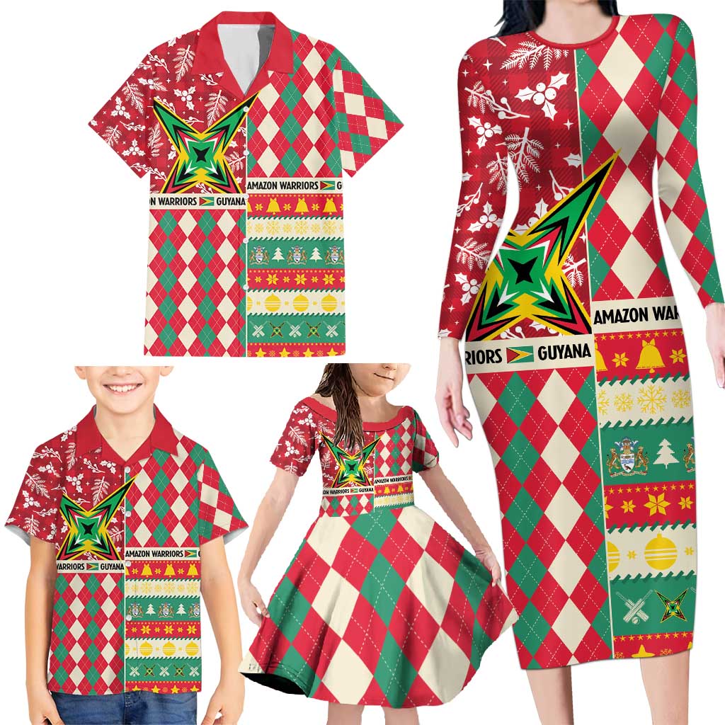 Personalized Amazon Warriors Cricket Christmas Family Matching Long Sleeve Bodycon Dress and Hawaiian Shirt Guyana Merry Xmas - Wonder Print Shop