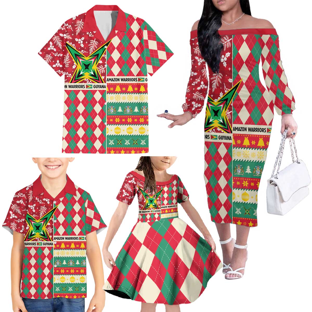 Personalized Amazon Warriors Cricket Christmas Family Matching Off The Shoulder Long Sleeve Dress and Hawaiian Shirt Guyana Merry Xmas - Wonder Print Shop
