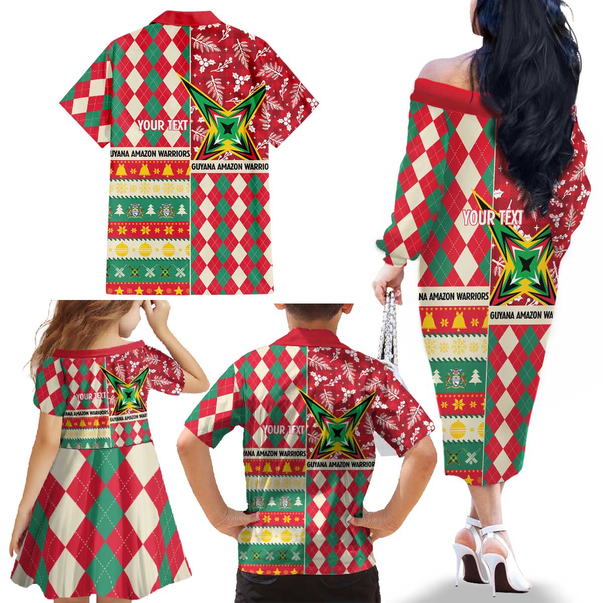 Personalized Amazon Warriors Cricket Christmas Family Matching Off The Shoulder Long Sleeve Dress and Hawaiian Shirt Guyana Merry Xmas - Wonder Print Shop