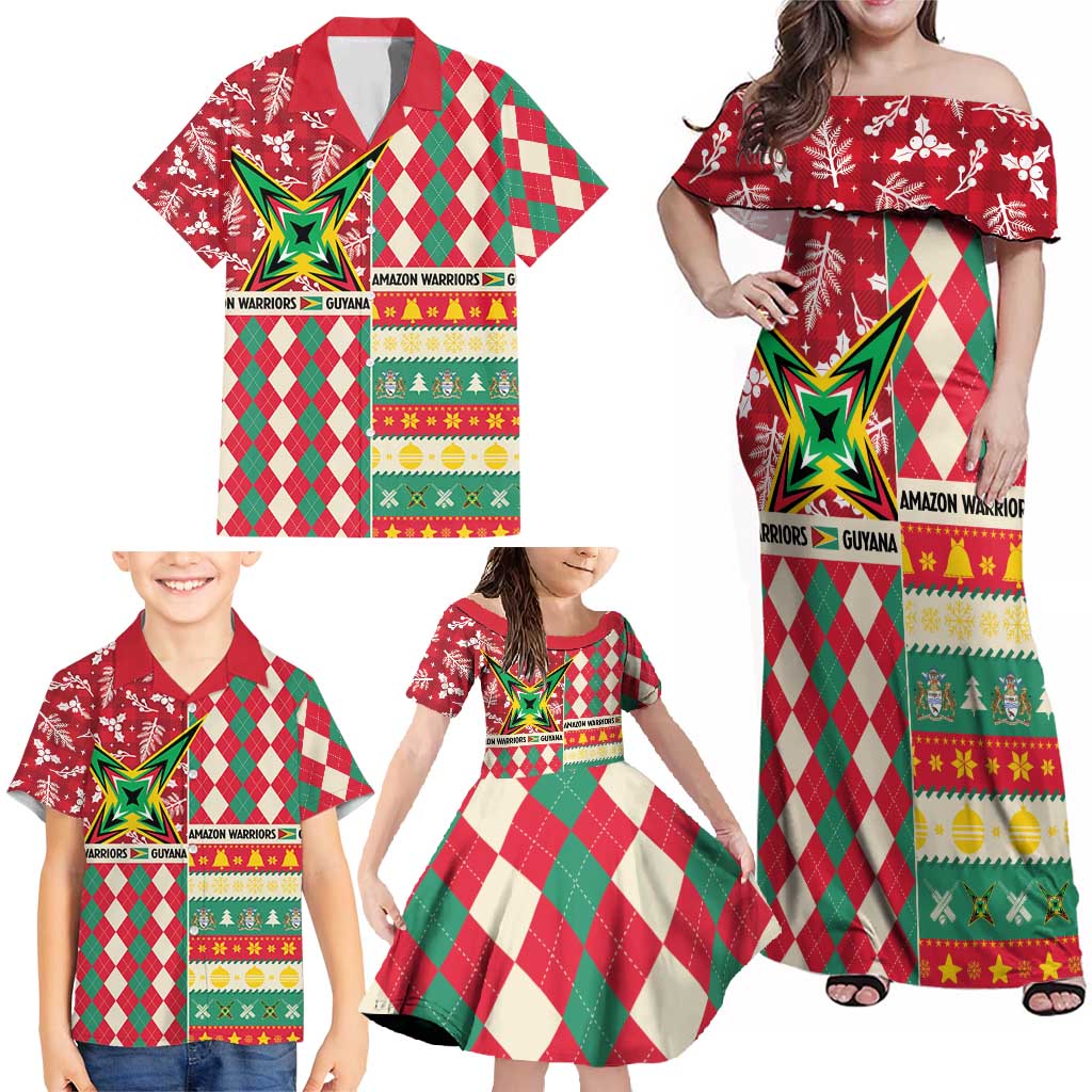 Personalized Amazon Warriors Cricket Christmas Family Matching Off Shoulder Maxi Dress and Hawaiian Shirt Guyana Merry Xmas - Wonder Print Shop