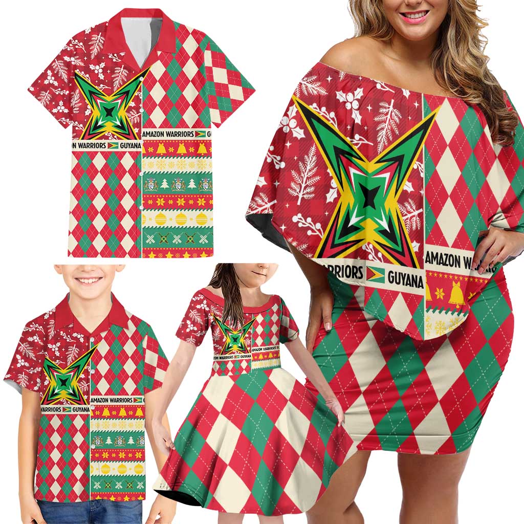 Personalized Amazon Warriors Cricket Christmas Family Matching Off Shoulder Short Dress and Hawaiian Shirt Guyana Merry Xmas - Wonder Print Shop