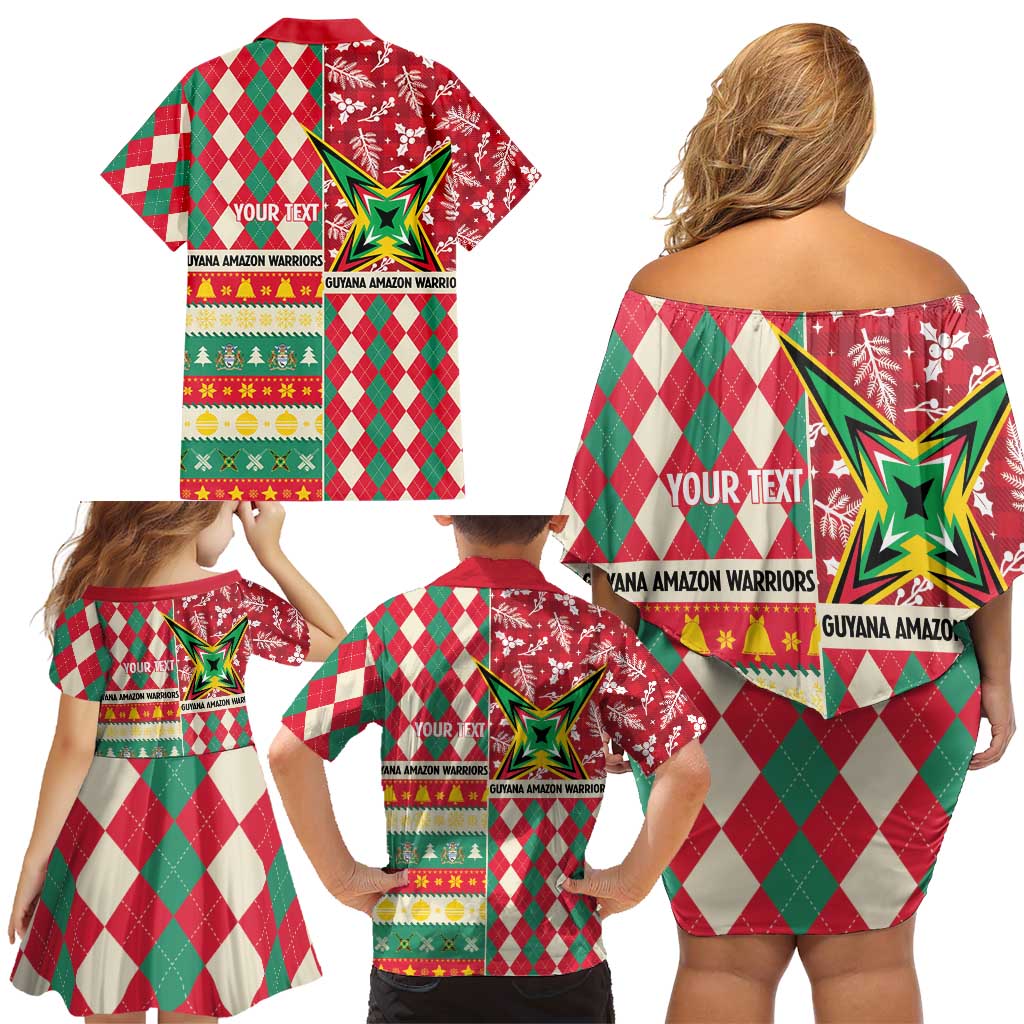 Personalized Amazon Warriors Cricket Christmas Family Matching Off Shoulder Short Dress and Hawaiian Shirt Guyana Merry Xmas - Wonder Print Shop