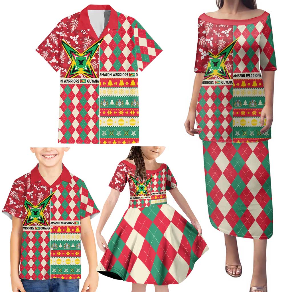 Personalized Amazon Warriors Cricket Christmas Family Matching Puletasi and Hawaiian Shirt Guyana Merry Xmas - Wonder Print Shop