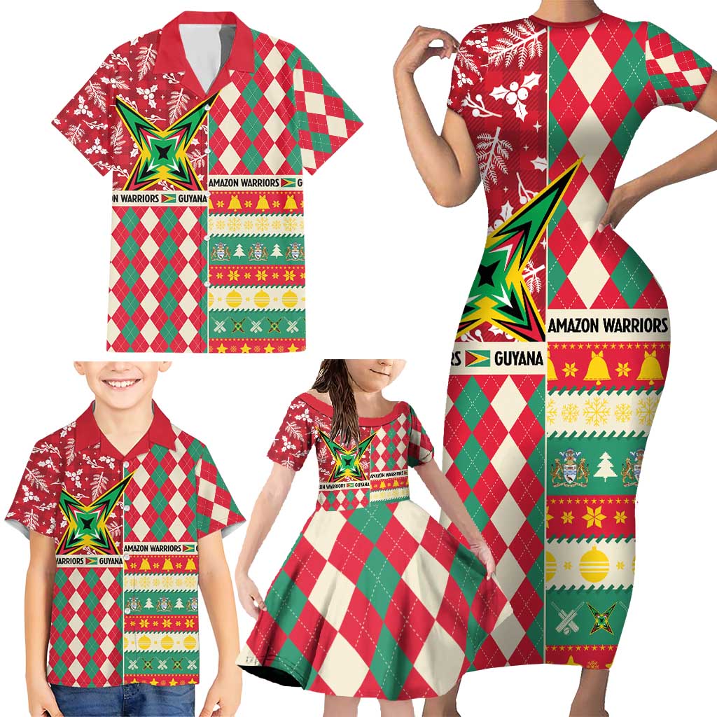 Personalized Amazon Warriors Cricket Christmas Family Matching Short Sleeve Bodycon Dress and Hawaiian Shirt Guyana Merry Xmas - Wonder Print Shop