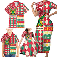 Personalized Amazon Warriors Cricket Christmas Family Matching Short Sleeve Bodycon Dress and Hawaiian Shirt Guyana Merry Xmas - Wonder Print Shop