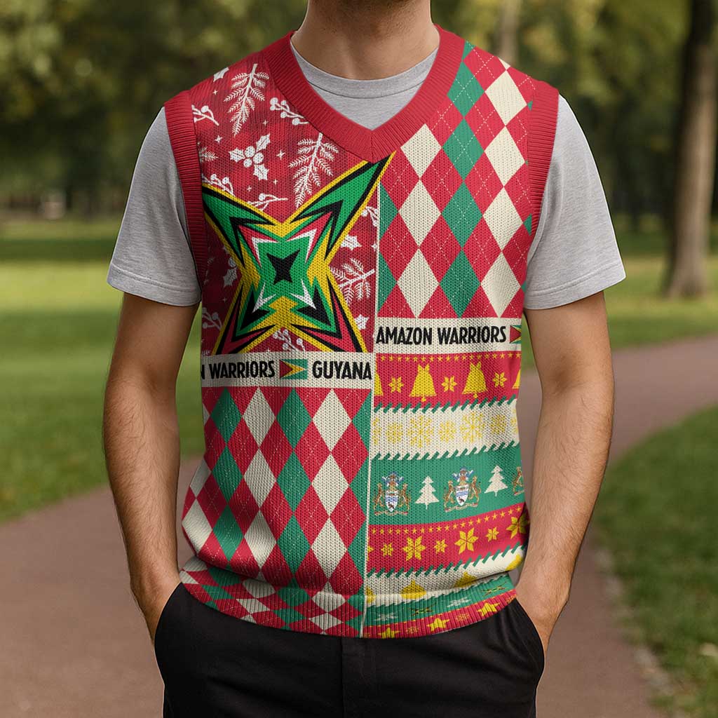 Personalized Amazon Warriors Cricket Christmas Knitted V-Neck Vest Guyana Merry Xmas - Wonder Print Shop