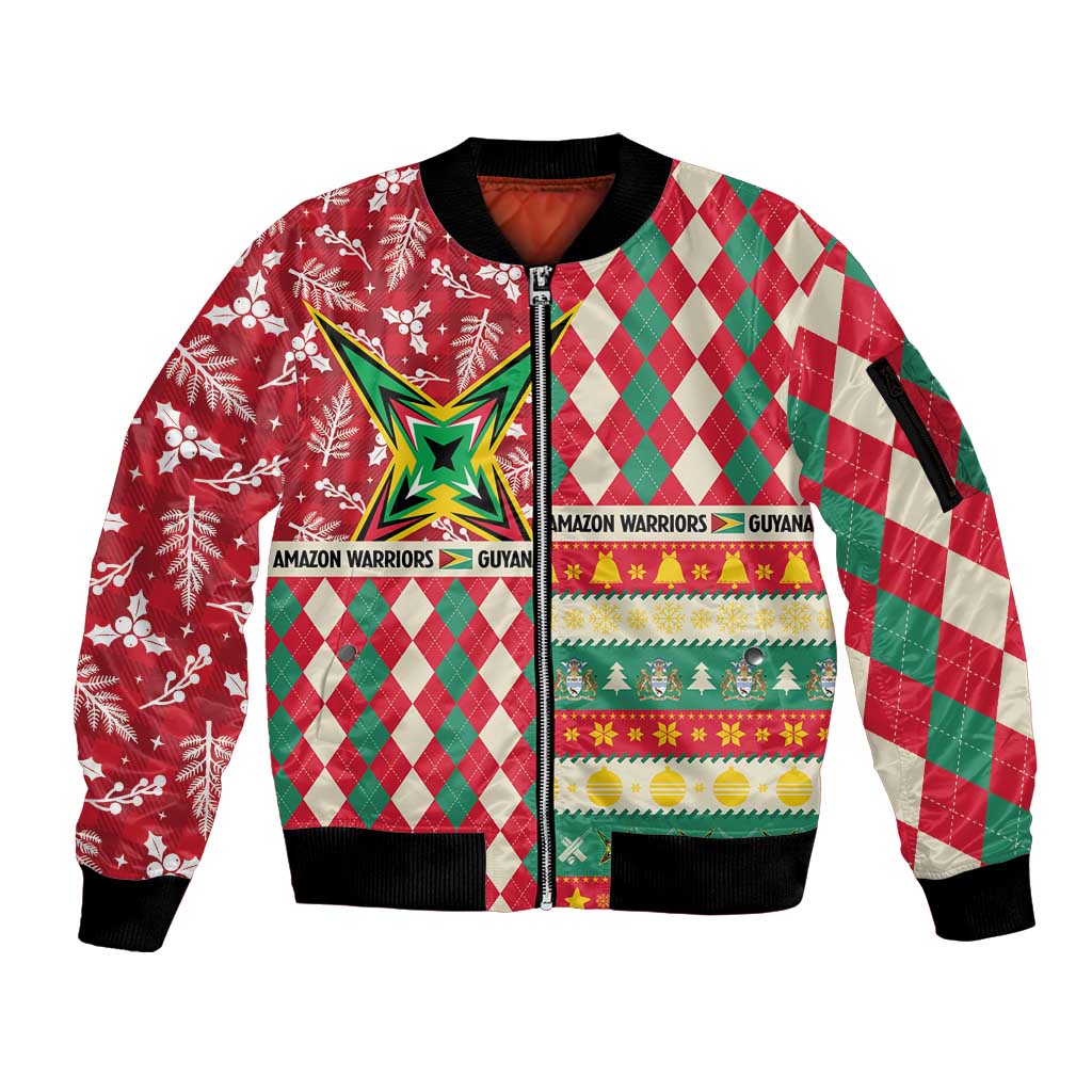 Personalized Amazon Warriors Cricket Christmas Sleeve Zip Bomber Jacket Guyana Merry Xmas - Wonder Print Shop