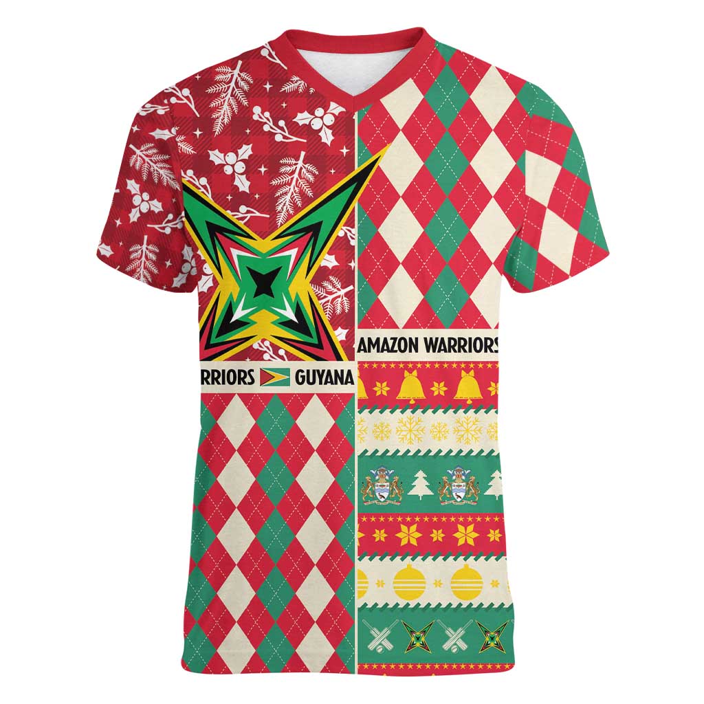 Personalized Amazon Warriors Cricket Christmas Women V-Neck T-Shirt Guyana Merry Xmas - Wonder Print Shop