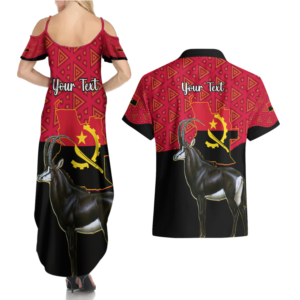 Personalised Angola Independence Day Couples Matching Summer Maxi Dress and Hawaiian Shirt Angolan Samakaka With Giant Sable Antelope - Wonder Print Shop