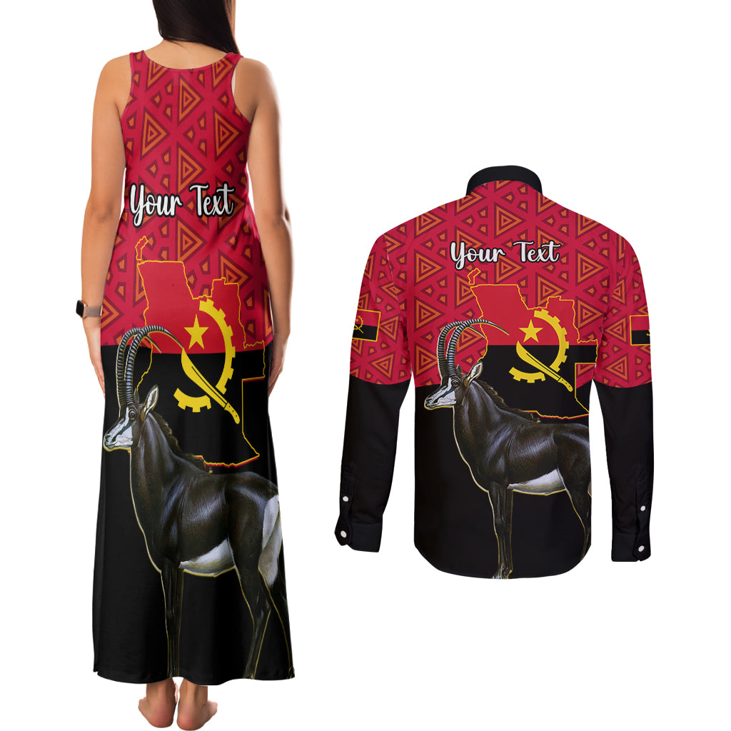 Personalised Angola Independence Day Couples Matching Tank Maxi Dress and Long Sleeve Button Shirts Angolan Samakaka With Giant Sable Antelope - Wonder Print Shop