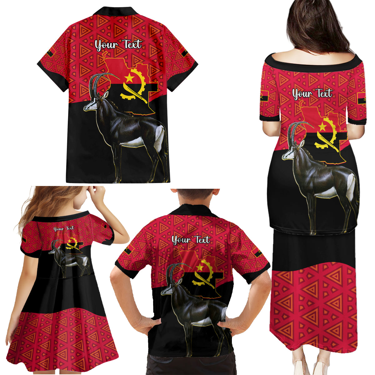 Personalised Angola Independence Day Family Matching Puletasi Dress and Hawaiian Shirt Angolan Samakaka With Giant Sable Antelope - Wonder Print Shop