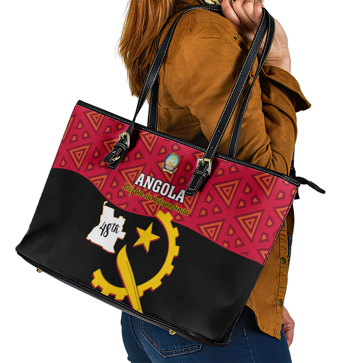 Personalised Angola Independence Day Leather Tote Bag Angolan Samakaka With Giant Sable Antelope - Wonder Print Shop